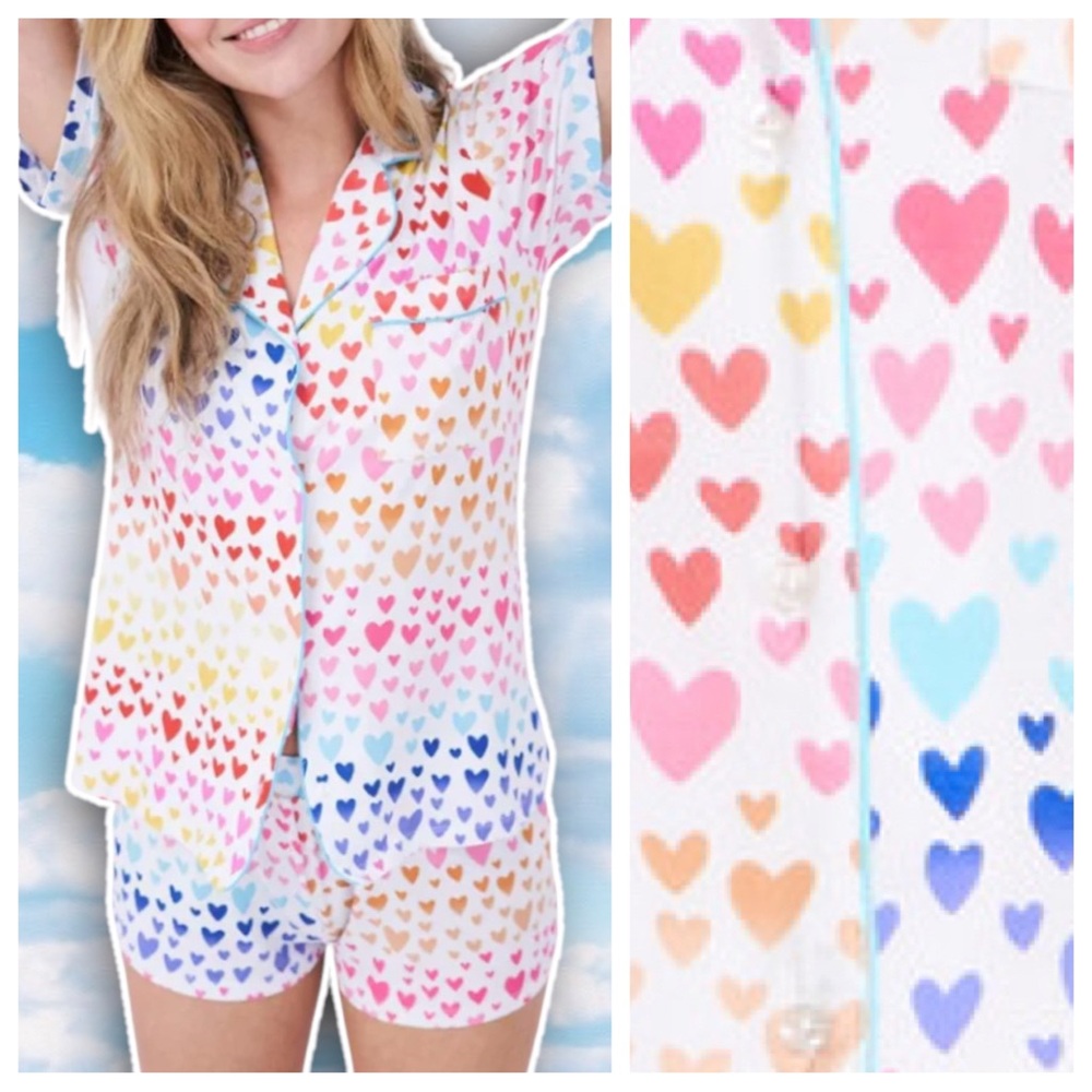 NWOT STRIPE & STARE Short Pajama Set Rainbow Heart Print Modal Girly Lovecore